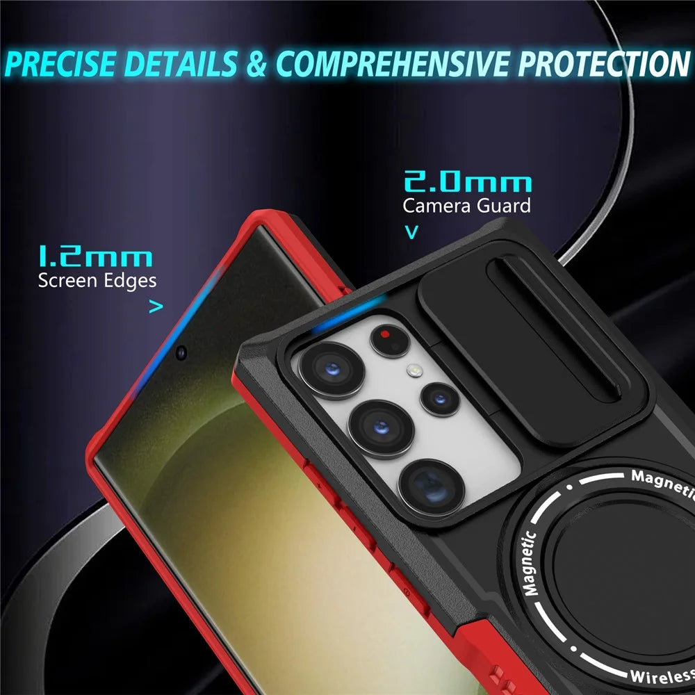 For Samsung Galaxy S23 Ultra Case Slide Lens Window Kickstand Phone Cover - Red / Black - 3