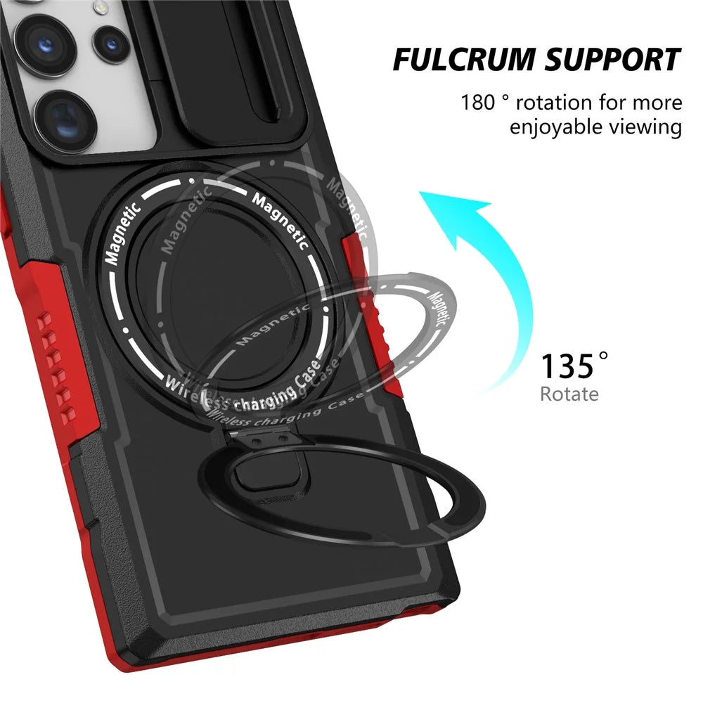 For Samsung Galaxy S23 Ultra Case Slide Lens Window Kickstand Phone Cover - Red / Black - 6