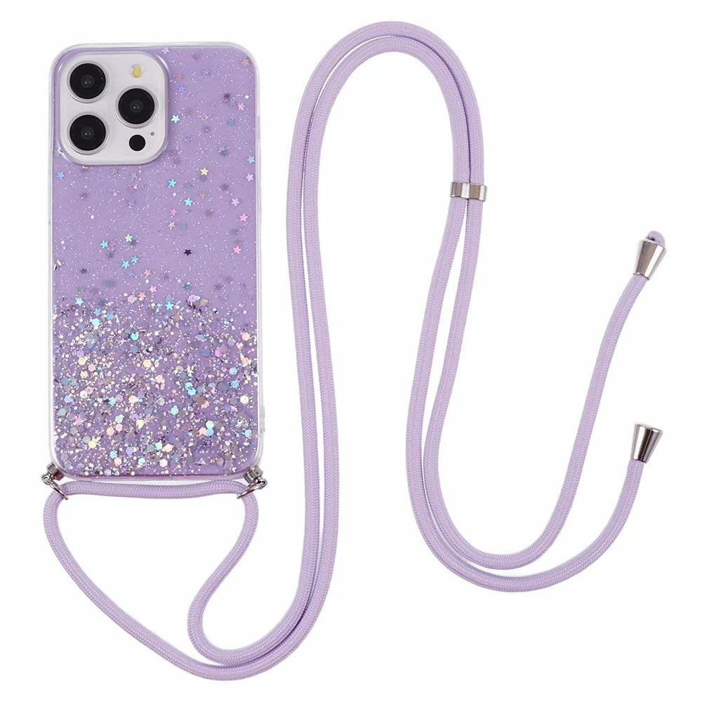 AW Series for iPhone 14 Pro Anti-Scratch TPU Phone Cover Epoxy Phone Case with Lanyard - Purple - 1