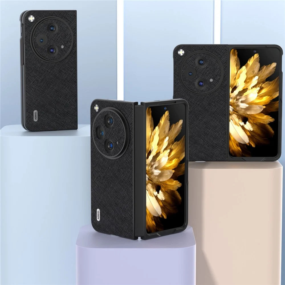 ABEEL For Oppo Find N3 5G / OnePlus Open Case Cross Texture Genuine Cow Leather Phone Back Cover - Black - 4