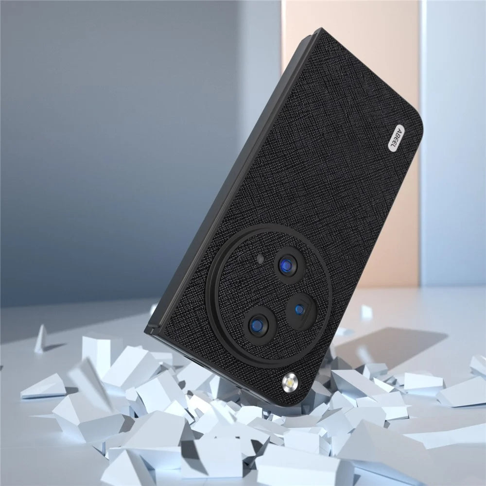 ABEEL For Oppo Find N3 5G / OnePlus Open Case Cross Texture Genuine Cow Leather Phone Back Cover - Black - 5