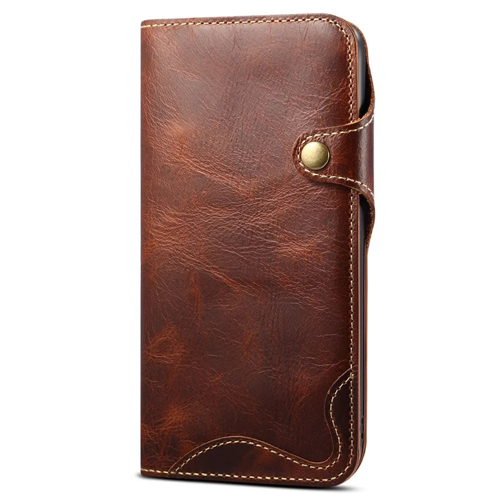 Wallet Phone Shell for iPhone 14 Pro Case Waxy Genuine Cow Leather Cover with Card Slot - Brown - 6