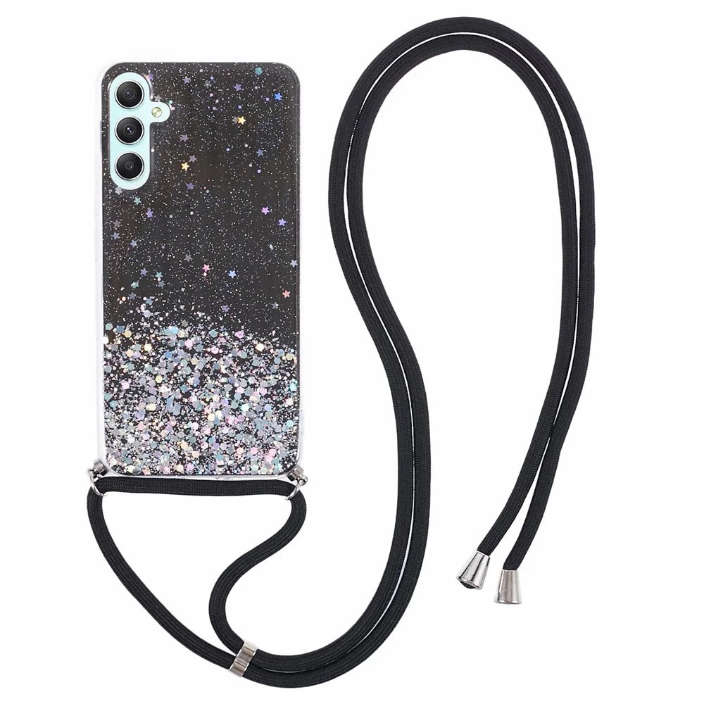 AW Series for Samsung Galaxy A54 5G Case TPU Epoxy Shiny Sparker Shell with Lanyard - Black - 1
