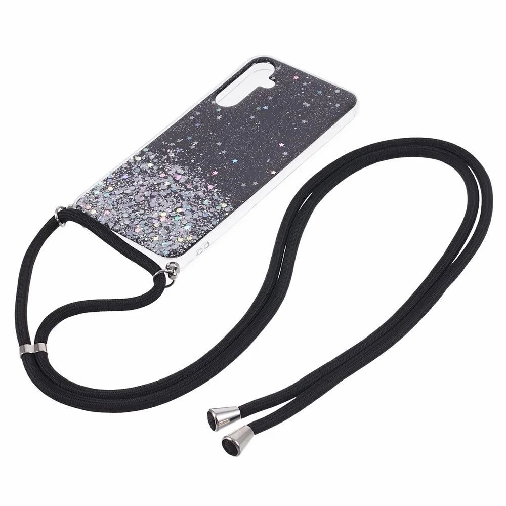 AW Series for Samsung Galaxy A54 5G Case TPU Epoxy Shiny Sparker Shell with Lanyard - Black - 2