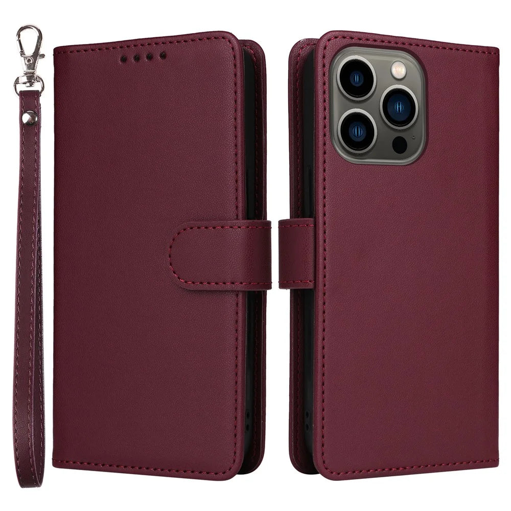 For iPhone 13 Pro Max Magnetic Case BETOPNICE Detachable PU Leather Phone Cover with Strap - Wine Red - 1