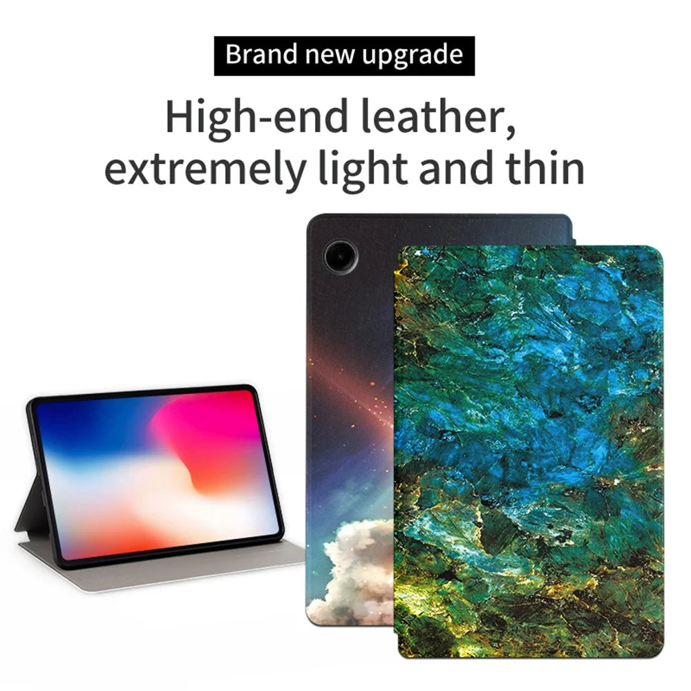 For Samsung Galaxy Tab A9 Case Pattern Printing Stand PU Leather Stand Tablet Cover - Emerald Marble - 2