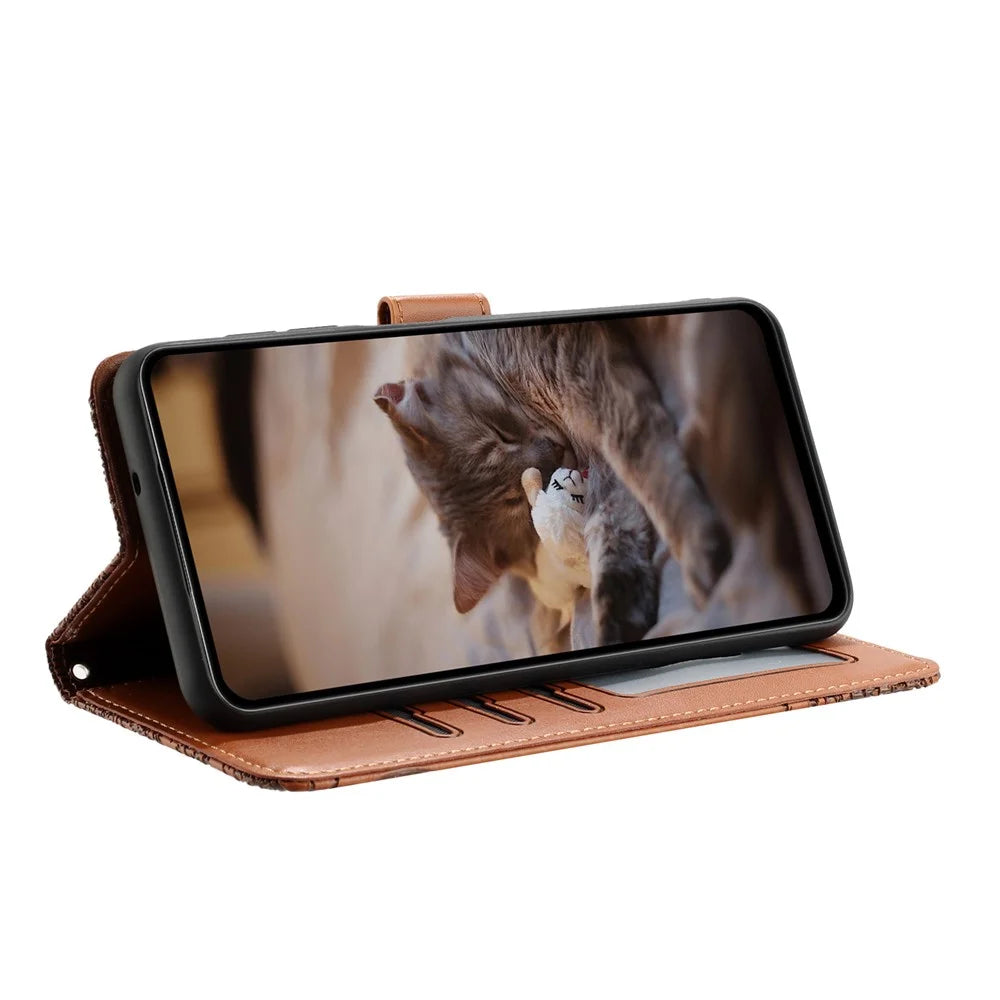 For Samsung Galaxy S24 Phone Cover Wall Cats Imprinted PU Leather Phone Case Wallet with Strap - Brown - 3