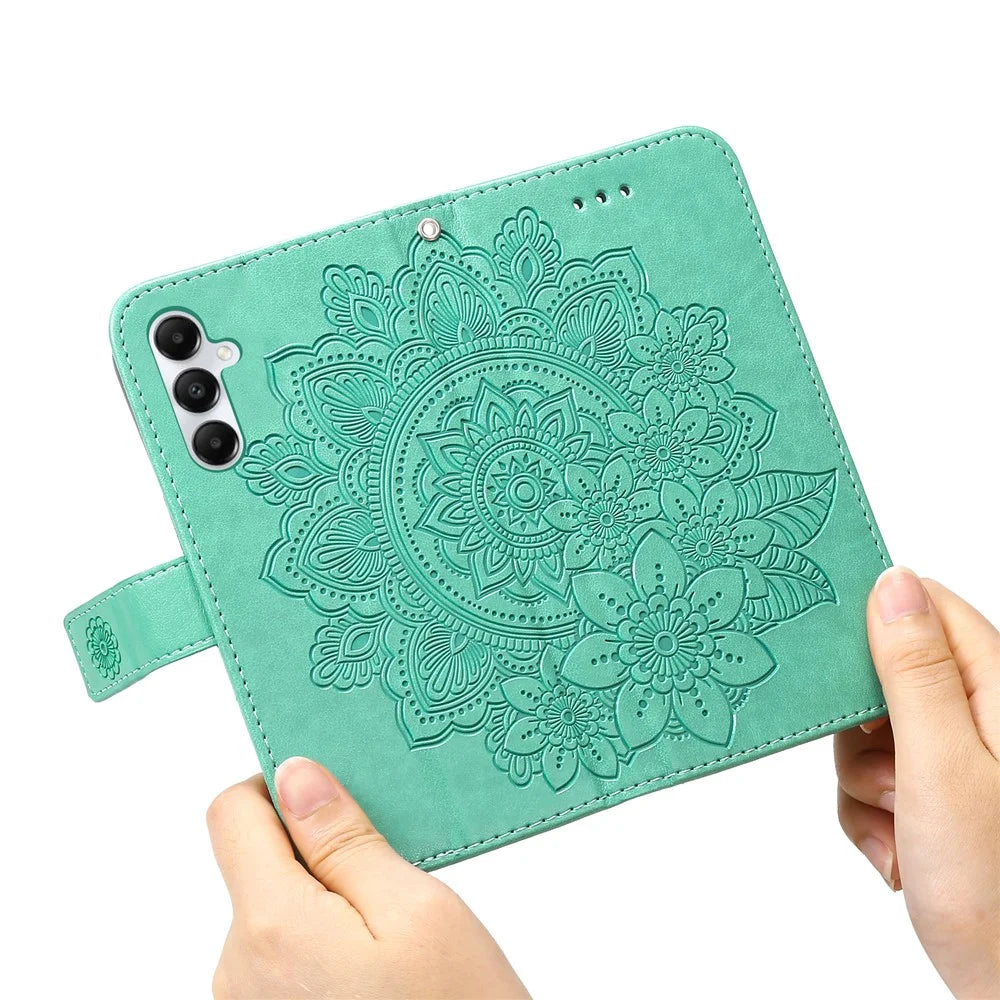 For Samsung Galaxy A05s 4G Case Floral Pattern PU Leather Wallet Stand Phone Cover - Green - 5