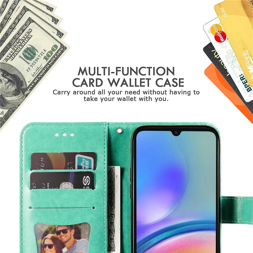For Samsung Galaxy A05s 4G Case Floral Pattern PU Leather Wallet Stand Phone Cover - Green - 6