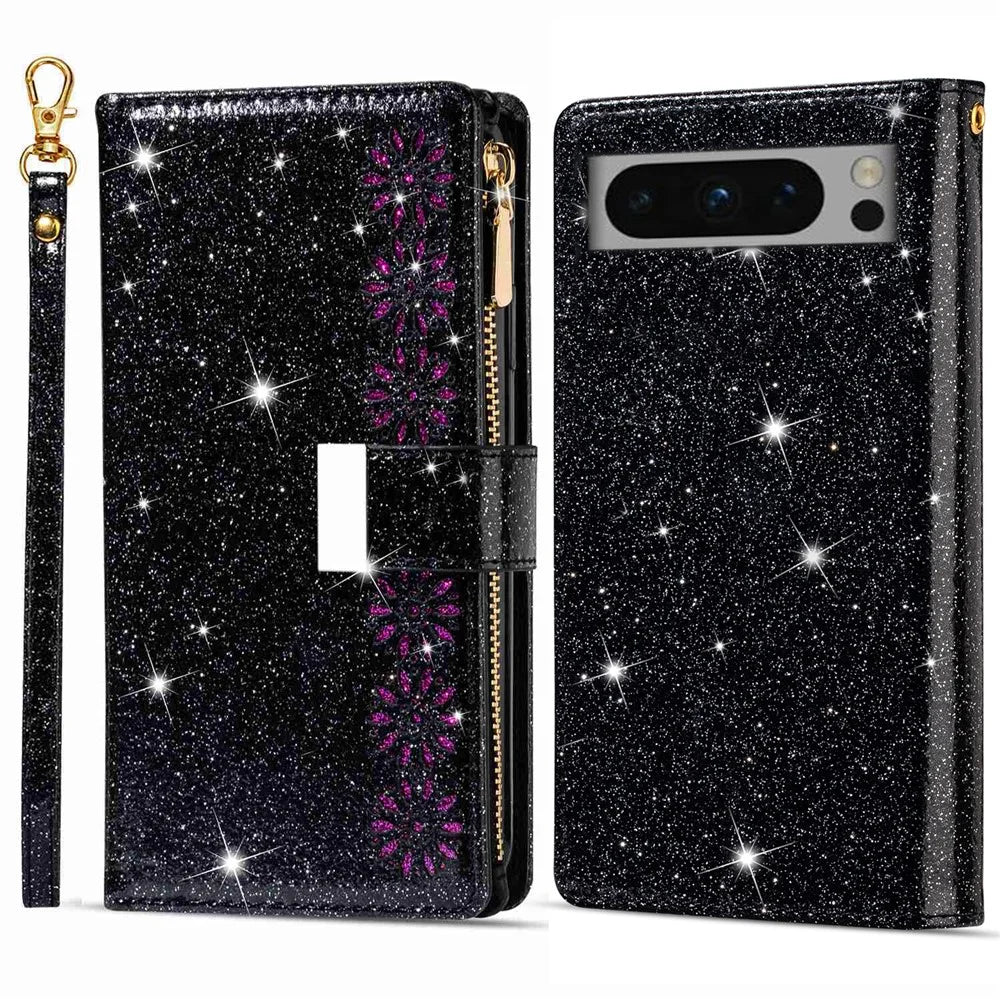 For Google Pixel 8 Pro Case Glittery Laser Carving Zipper Wallet Phone Cover - Black - 1