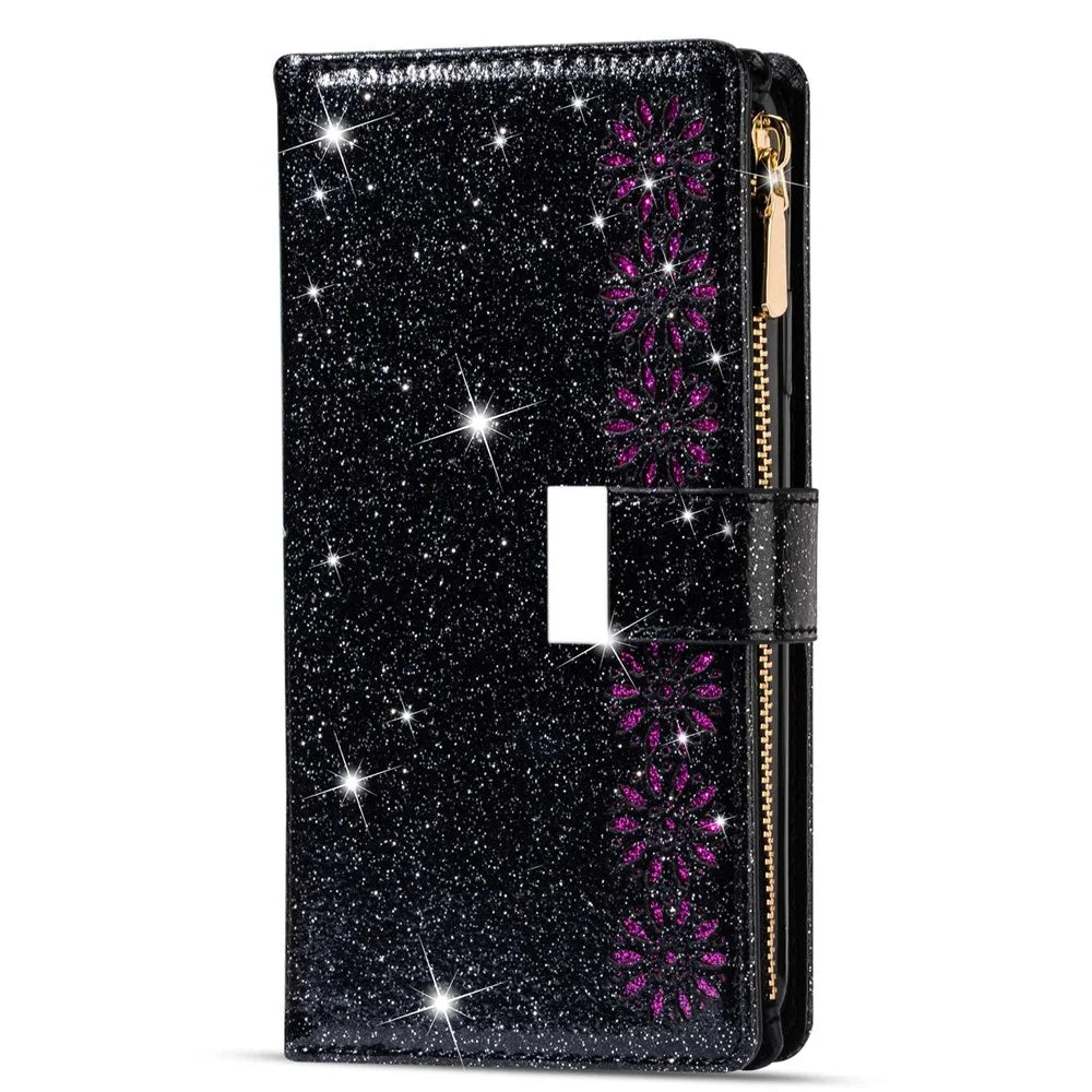 For Google Pixel 8 Pro Case Glittery Laser Carving Zipper Wallet Phone Cover - Black - 7
