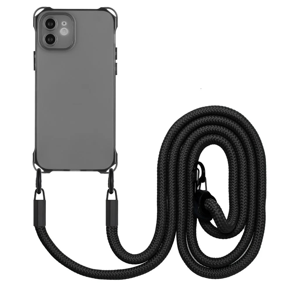For iPhone 12 Case Protective Shockproof TPU Phone Cover with Rope - Black - 1