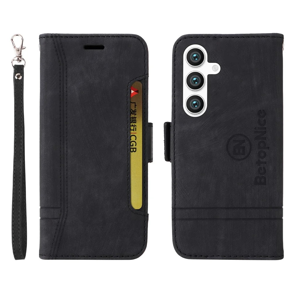 BETOPNICE 001 for Samsung Galaxy S24+ Case Magnetic Flip PU Leather Phone Cover - Black - 1