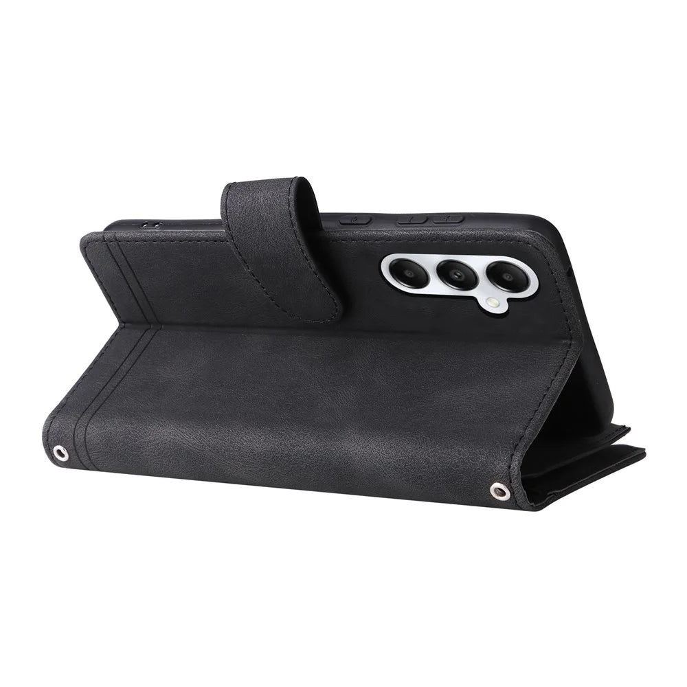 For Samsung Galaxy A05s 4G Case Multiple Card Slots Leather Stand Phone Cover - Black - 4