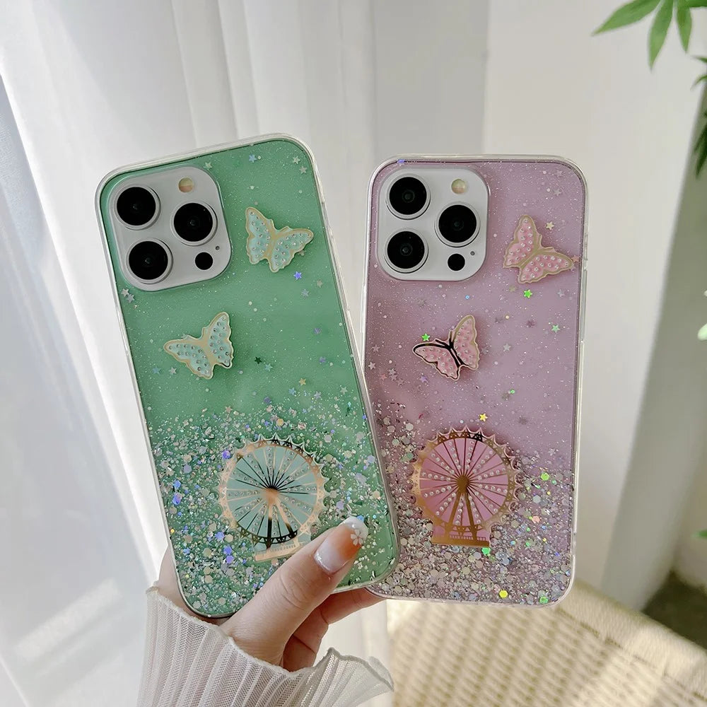 For iPhone 15 Pro Case TPU Epoxy Ferris Wheel Sparkle Glitter Cover - Green - 3
