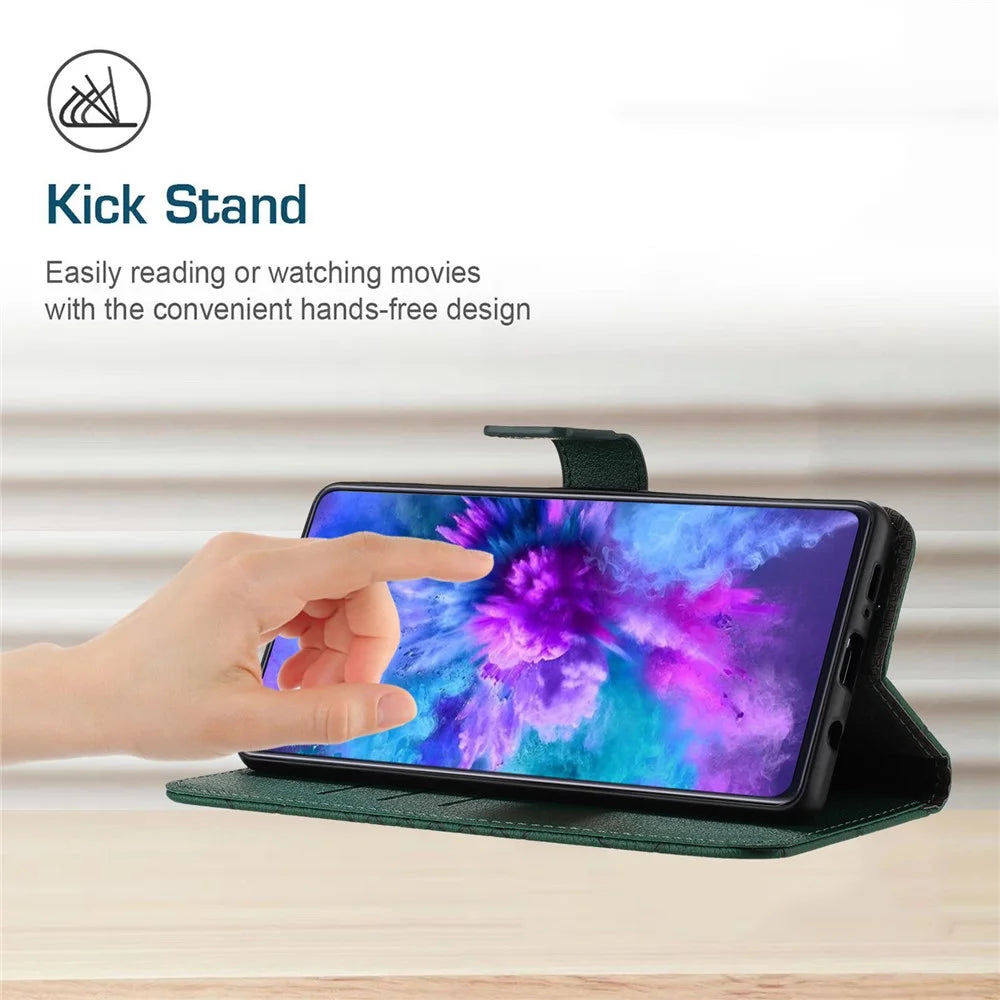 HT06 For iPhone 15 Pro Max Case PU Leather Litchi Texture Stand Phone Cover - Green - 3