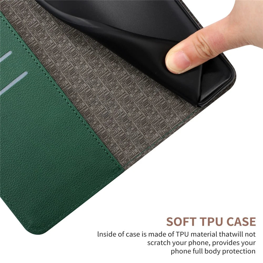 HT06 For iPhone 15 Pro Max Case PU Leather Litchi Texture Stand Phone Cover - Green - 7
