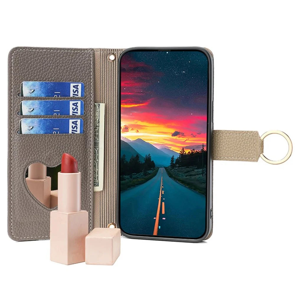 For Sony Xperia 5 V Case Wallet PU Leather Crossbody Phone Cover with Makeup Mirror - Grey - 2