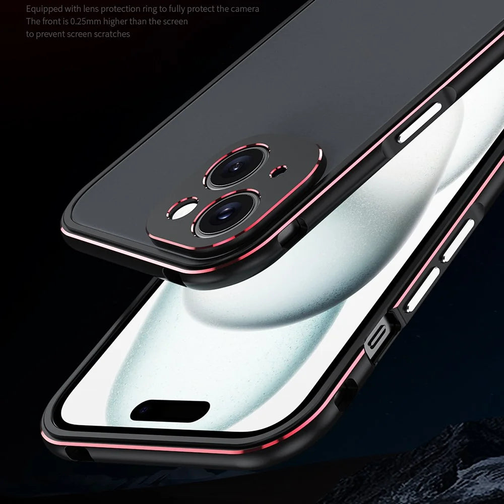 For iPhone 15 Case Metal Frame Bumper Phone Cover with Camera Lens Protection - Black+Red - 2