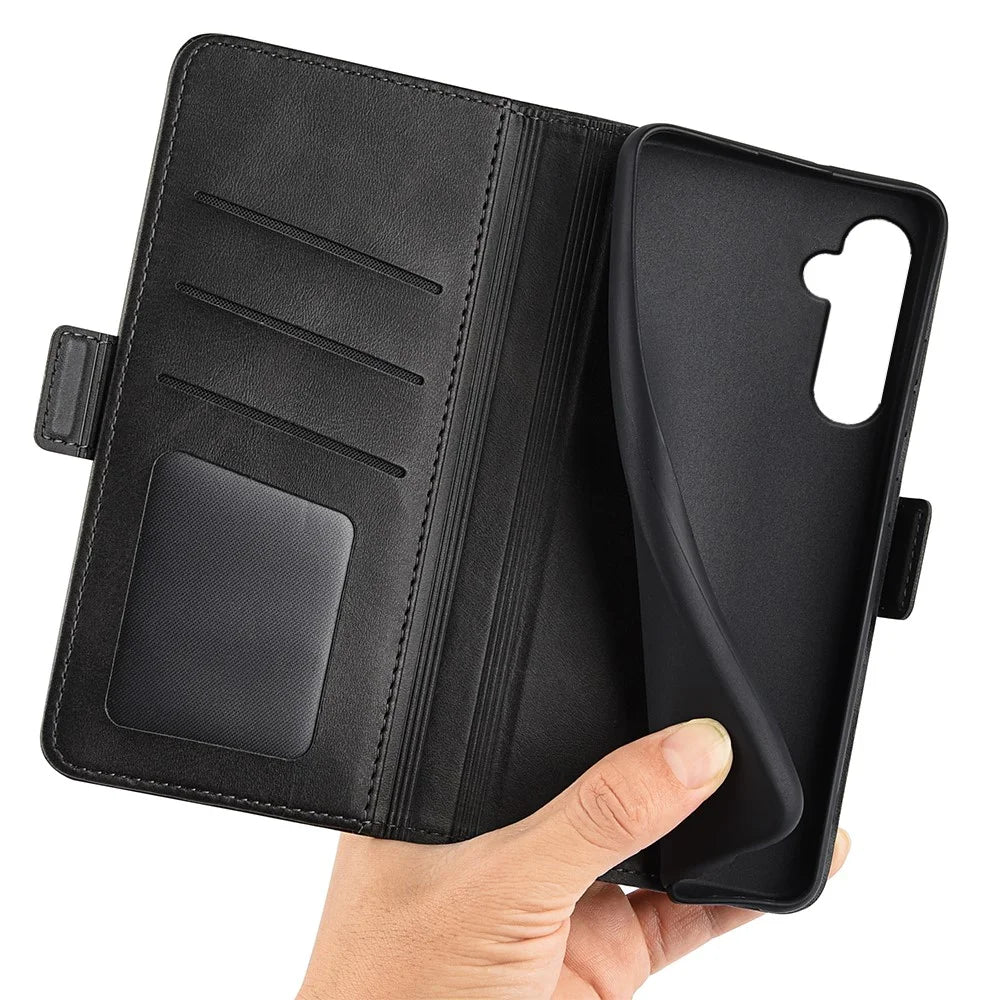 For Samsung Galaxy S24+ Case Dual Magnetic Clasp Folio PU Leather Phone Cover - Black - 5