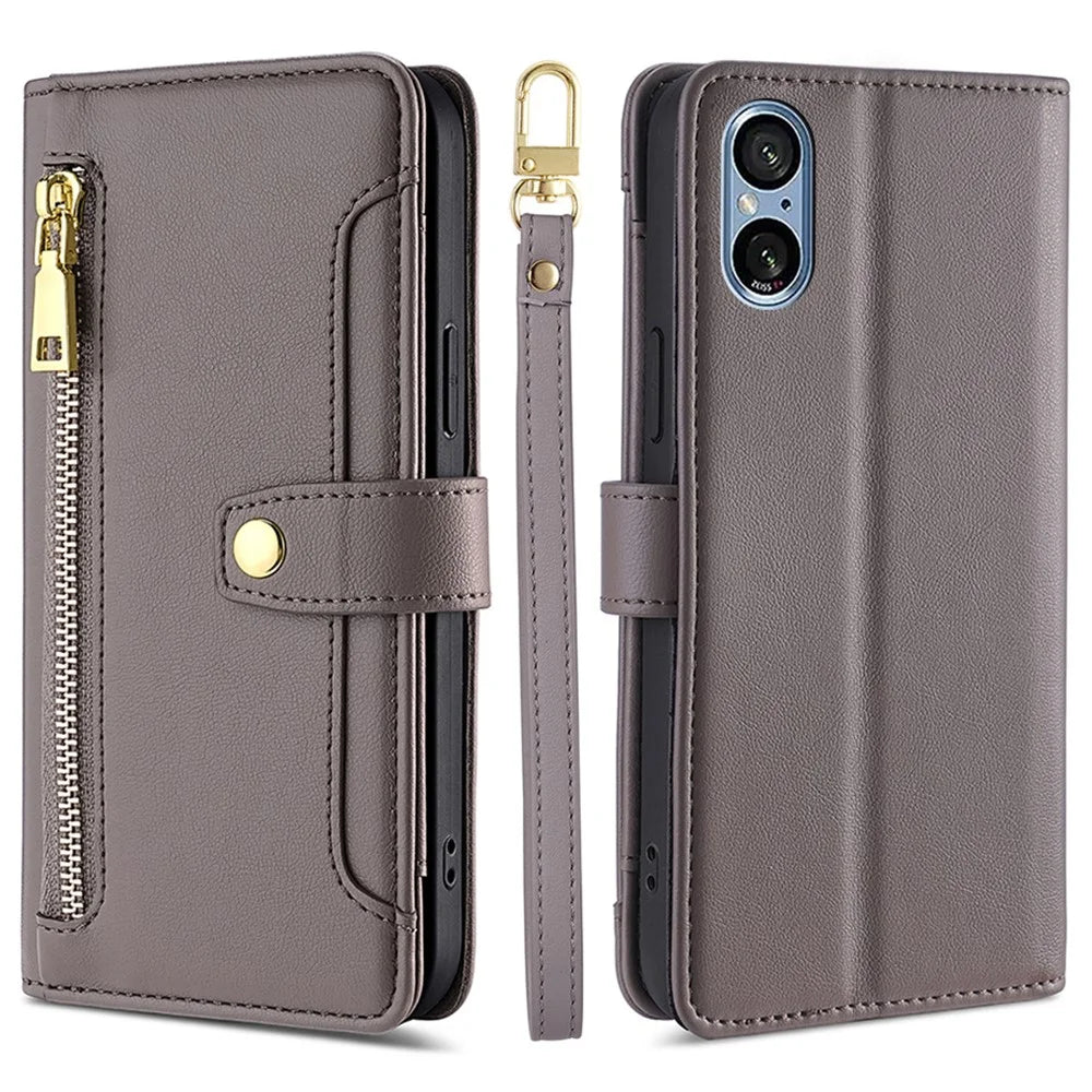 For Sony Xperia 5 V Case Wallet Stand Textured Leather Phone Cover with 2 Straps - Grey - 1