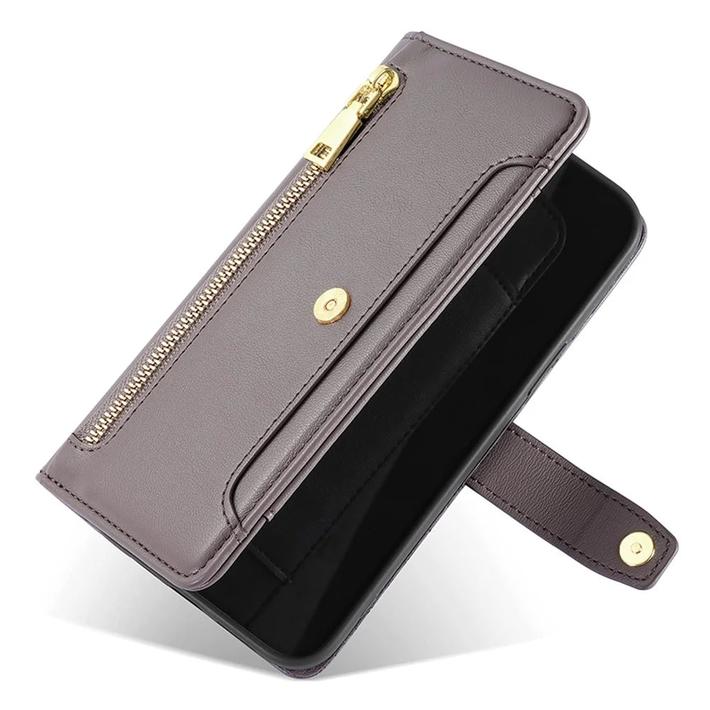 For Sony Xperia 5 V Case Wallet Stand Textured Leather Phone Cover with 2 Straps - Grey - 5