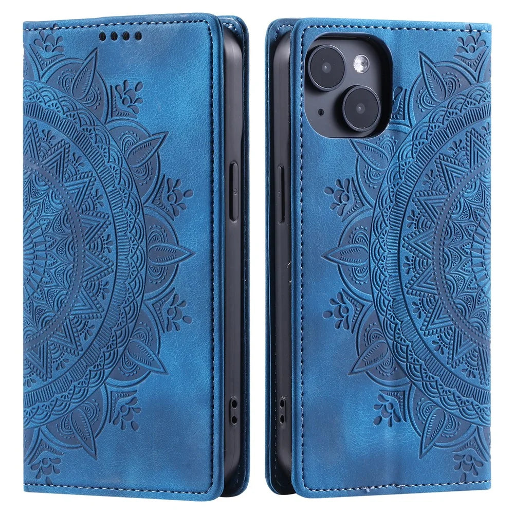 For iPhone 15 Plus Cell Phone Case PU Leather Wallet Magnetic Stand Phone Cover - Blue - 1