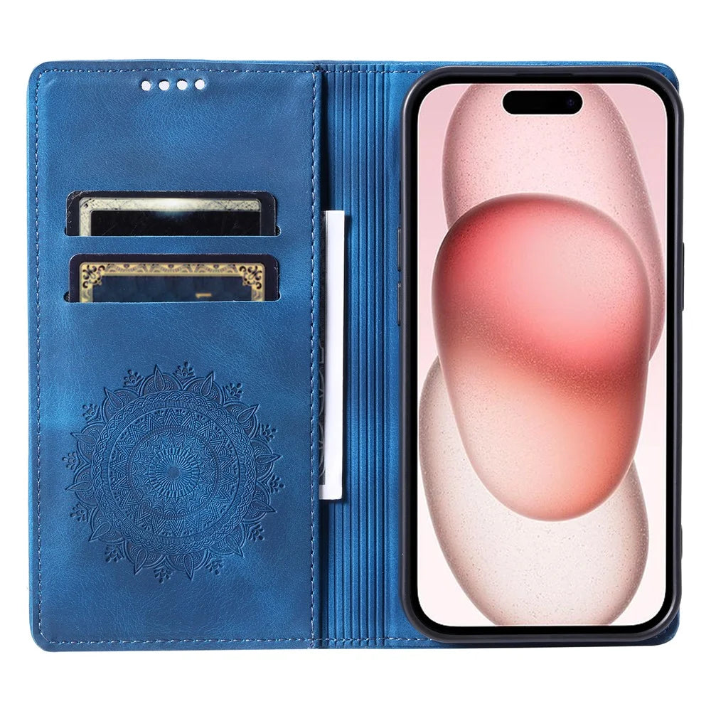 For iPhone 15 Plus Cell Phone Case PU Leather Wallet Magnetic Stand Phone Cover - Blue - 2