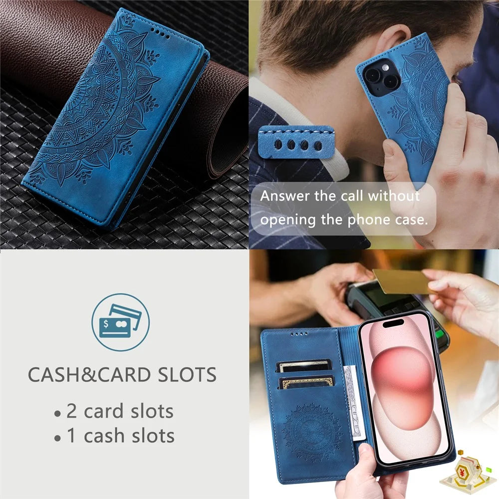 For iPhone 15 Plus Cell Phone Case PU Leather Wallet Magnetic Stand Phone Cover - Blue - 7