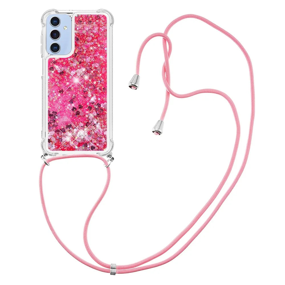 For Samsung Galaxy A15 5G TPU Case Quicksand Design Phone Cover with Lanyard - Pink  /  Hearts - 1