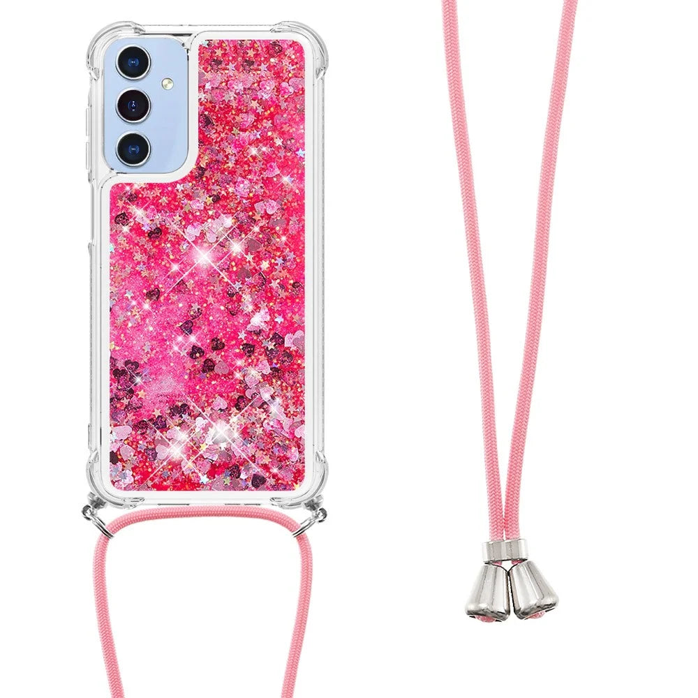 For Samsung Galaxy A15 5G TPU Case Quicksand Design Phone Cover with Lanyard - Pink  /  Hearts - 2