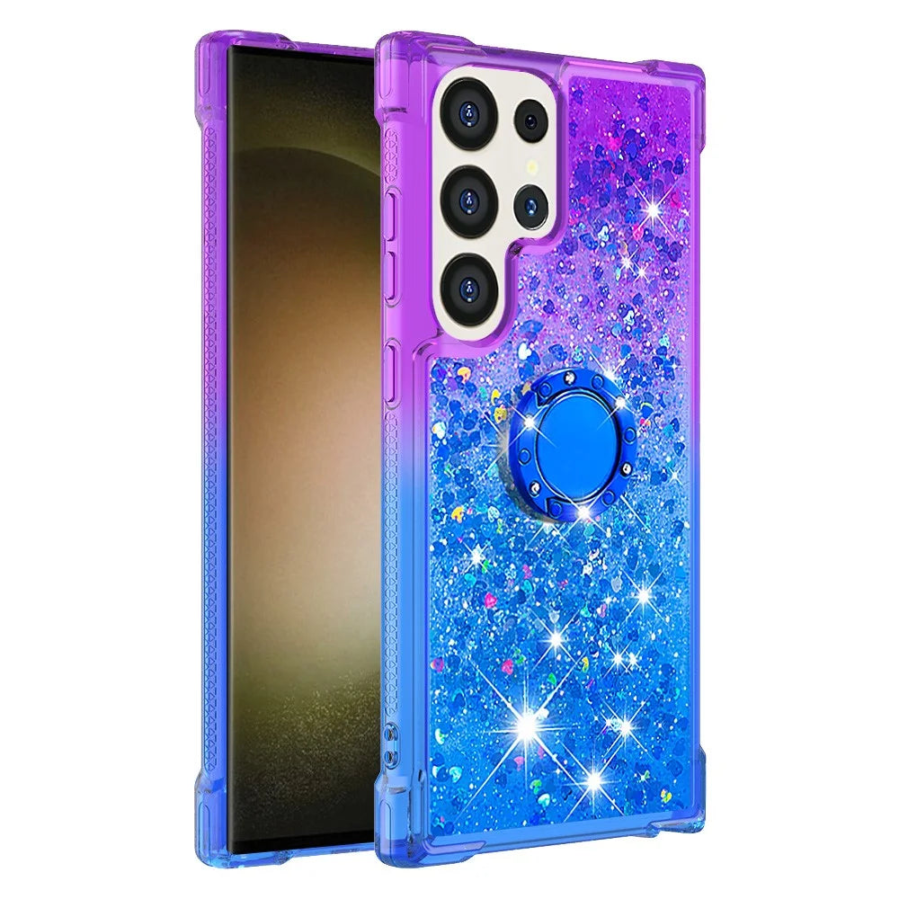 For Samsung Galaxy S24 Ultra TPU Case with Kickstand Gradiant Quicksand Shockproof Cover - Purple+Sky Blue - 3