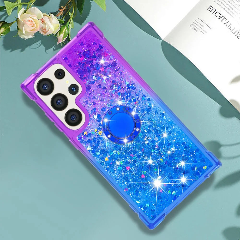 For Samsung Galaxy S24 Ultra TPU Case with Kickstand Gradiant Quicksand Shockproof Cover - Purple+Sky Blue - 7