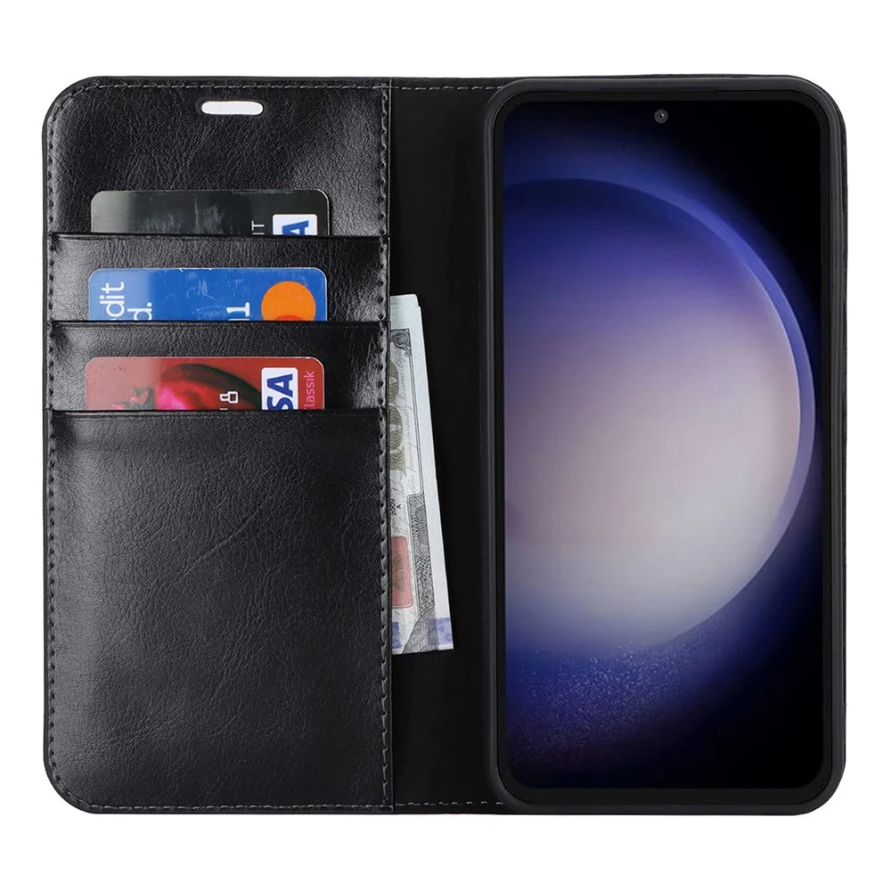 For Samsung Galaxy S23 FE Case Crazy Horse Texture Genuine Split Leather Phone Cover with Stand and Wallet - Black - 2