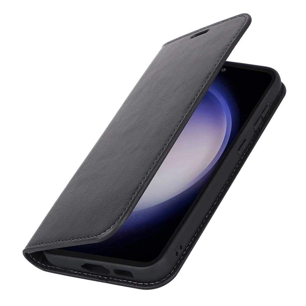 For Samsung Galaxy S23 FE Case Crazy Horse Texture Genuine Split Leather Phone Cover with Stand and Wallet - Black - 6