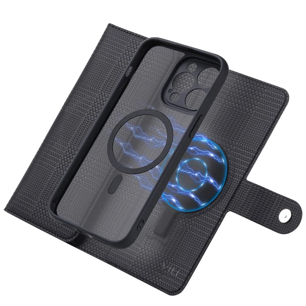 VILI GHB Series for iPhone 15 Pro Leather Case RFID Blocking Magnetic Phone Cover - Black - 2
