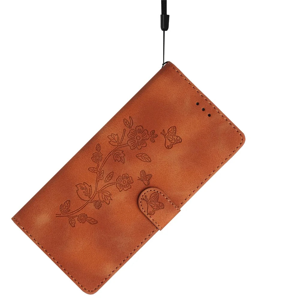 For Samsung Galaxy A15 5G Case Slim-Fit Leather Imprinted Flower Phone Cover with Stand and Wallet - Brown - 6