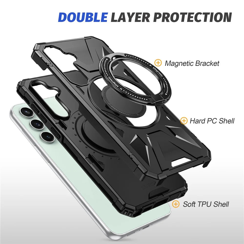 For Samsung Galaxy S23 FE Case TPU+PC Rotating Kickstand Phone Cover Built-in Magnetic Holder Metal Sheet - Black - 5
