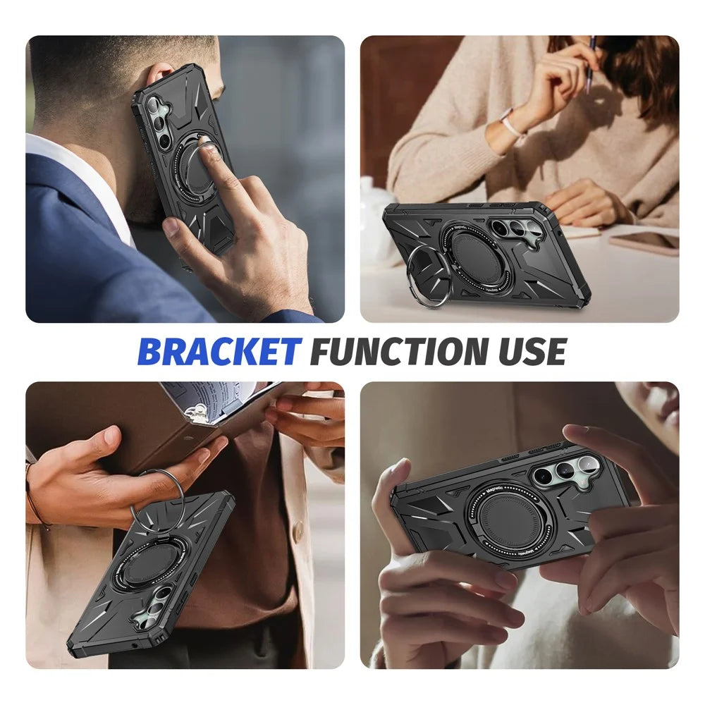 For Samsung Galaxy S23 FE Case TPU+PC Rotating Kickstand Phone Cover Built-in Magnetic Holder Metal Sheet - Black - 7