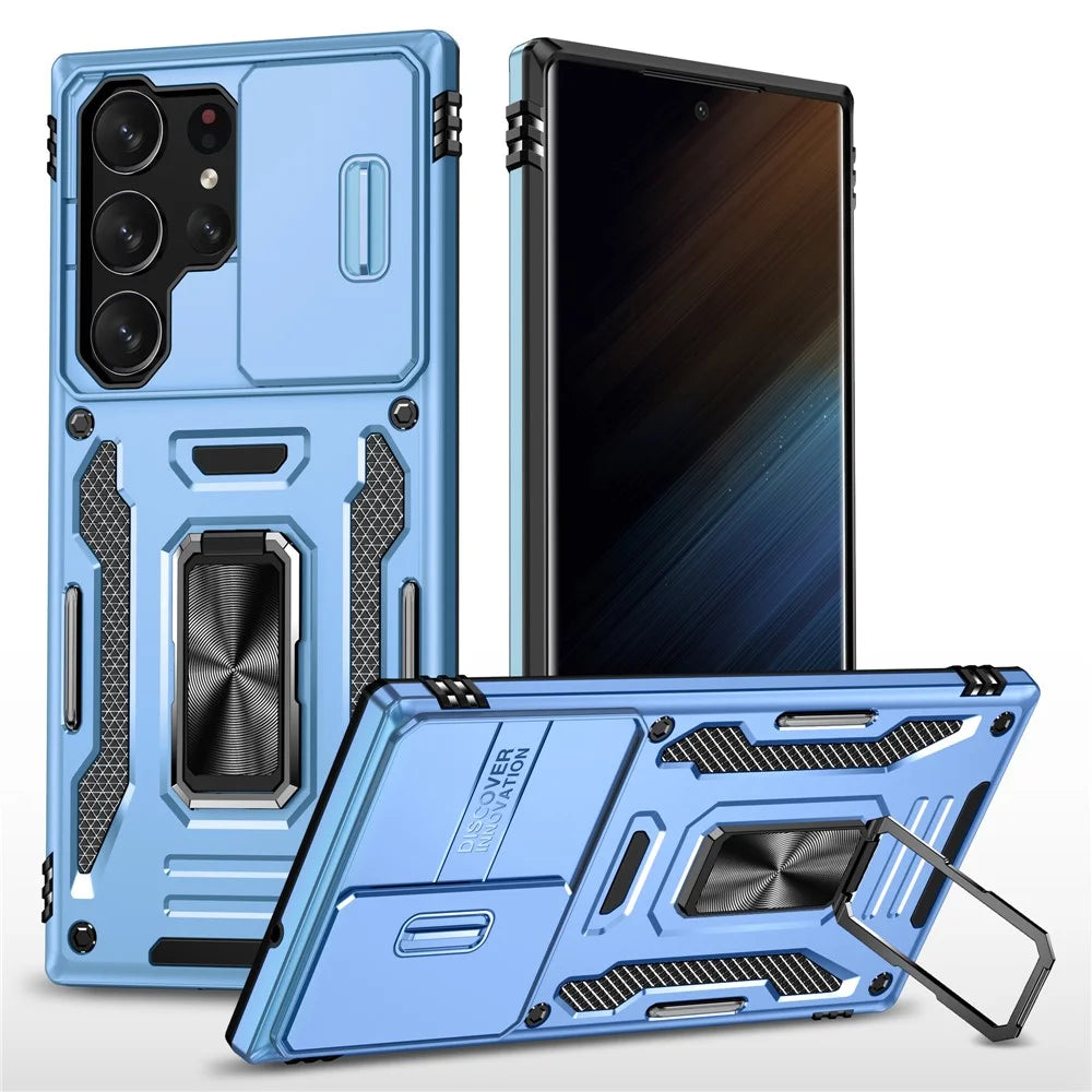 Armor Series For Samsung Galaxy S24 Ultra Case Slide Lens Protection Shockproof PC+TPU Kickstand Phone Cover - Light Blue - 1
