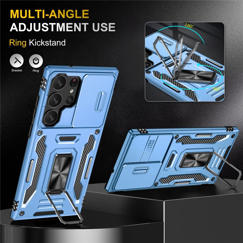 Armor Series For Samsung Galaxy S24 Ultra Case Slide Lens Protection Shockproof PC+TPU Kickstand Phone Cover - Light Blue - 4