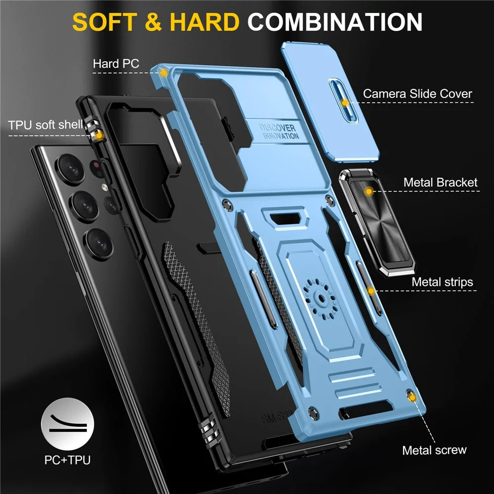 Armor Series For Samsung Galaxy S24 Ultra Case Slide Lens Protection Shockproof PC+TPU Kickstand Phone Cover - Light Blue - 7