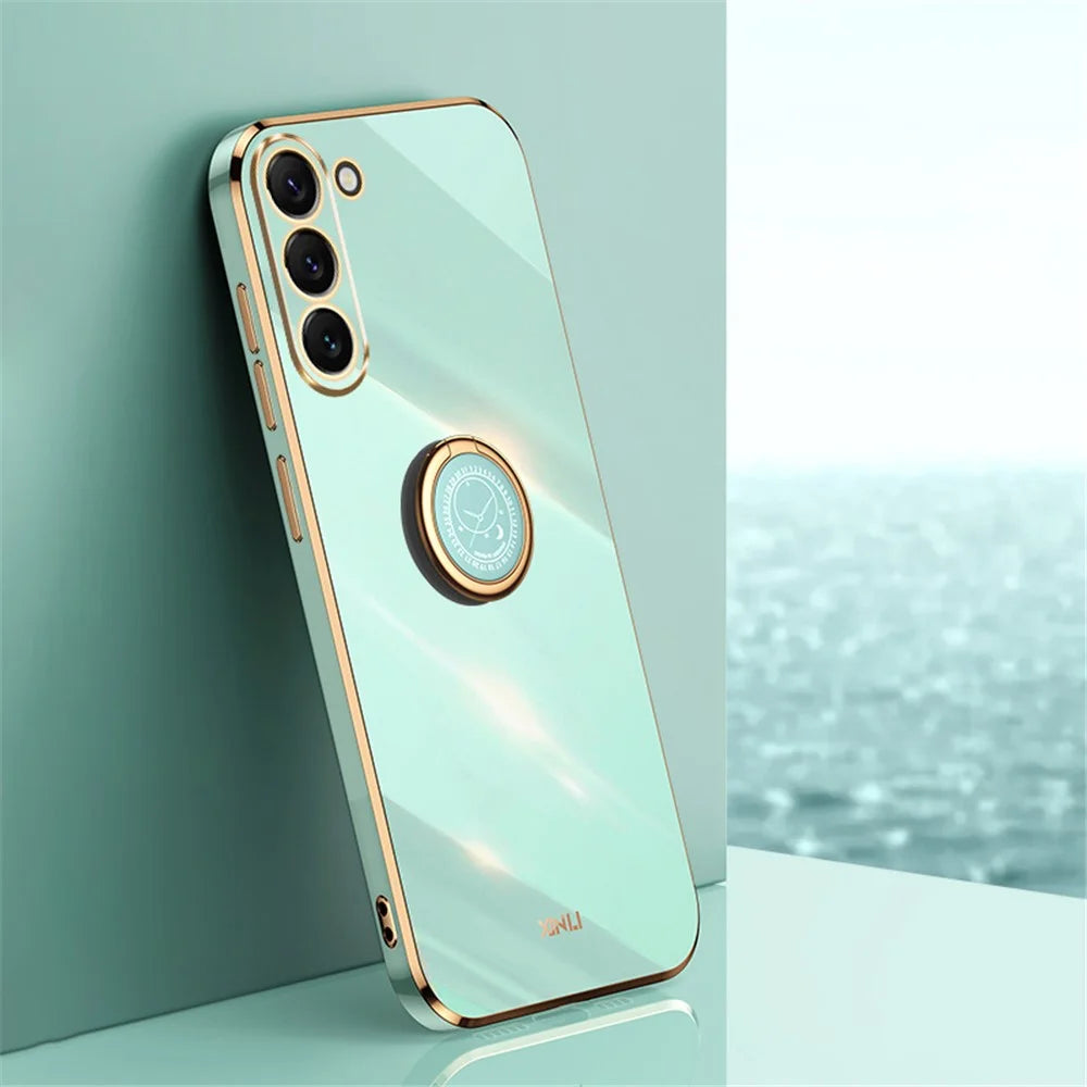 XINLI For Samsung Galaxy S24 Case Electroplated TPU Phone Ring Kickstand Back Cover - Cyan - 2