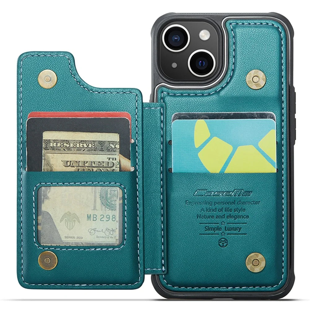 For iPhone 15 Phone Case CASEME C22 Leather Back Cover with RFID Blocking Card Slots - Green - 2