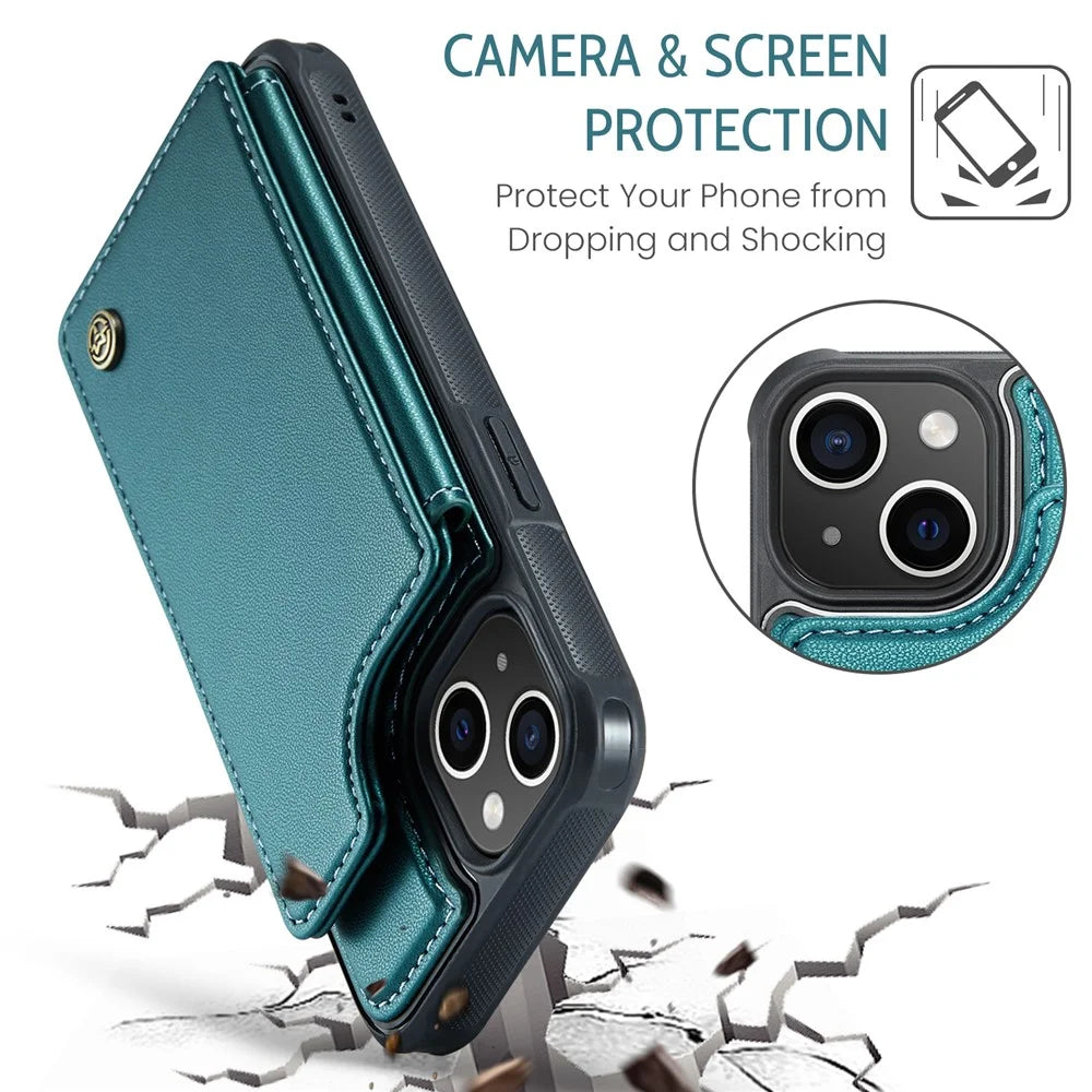 For iPhone 15 Phone Case CASEME C22 Leather Back Cover with RFID Blocking Card Slots - Green - 7