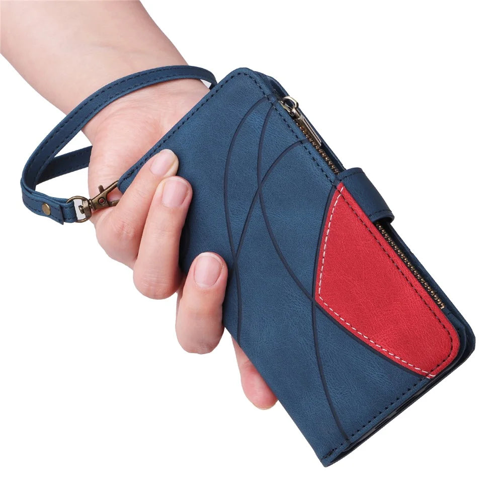 For Samsung Galaxy A15 5G Leather Case with Strap Zipper 9 Card Slot Phone Cover Stand - Blue - 6