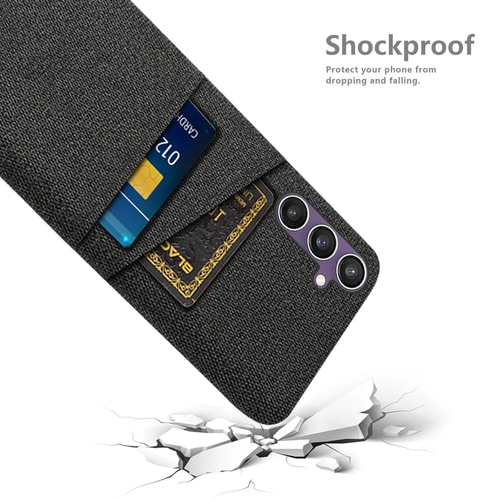 For Samsung Galaxy S23 FE Cover Shockproof PC+Cloth Phone Case with Dual Card Slots - Black - 4
