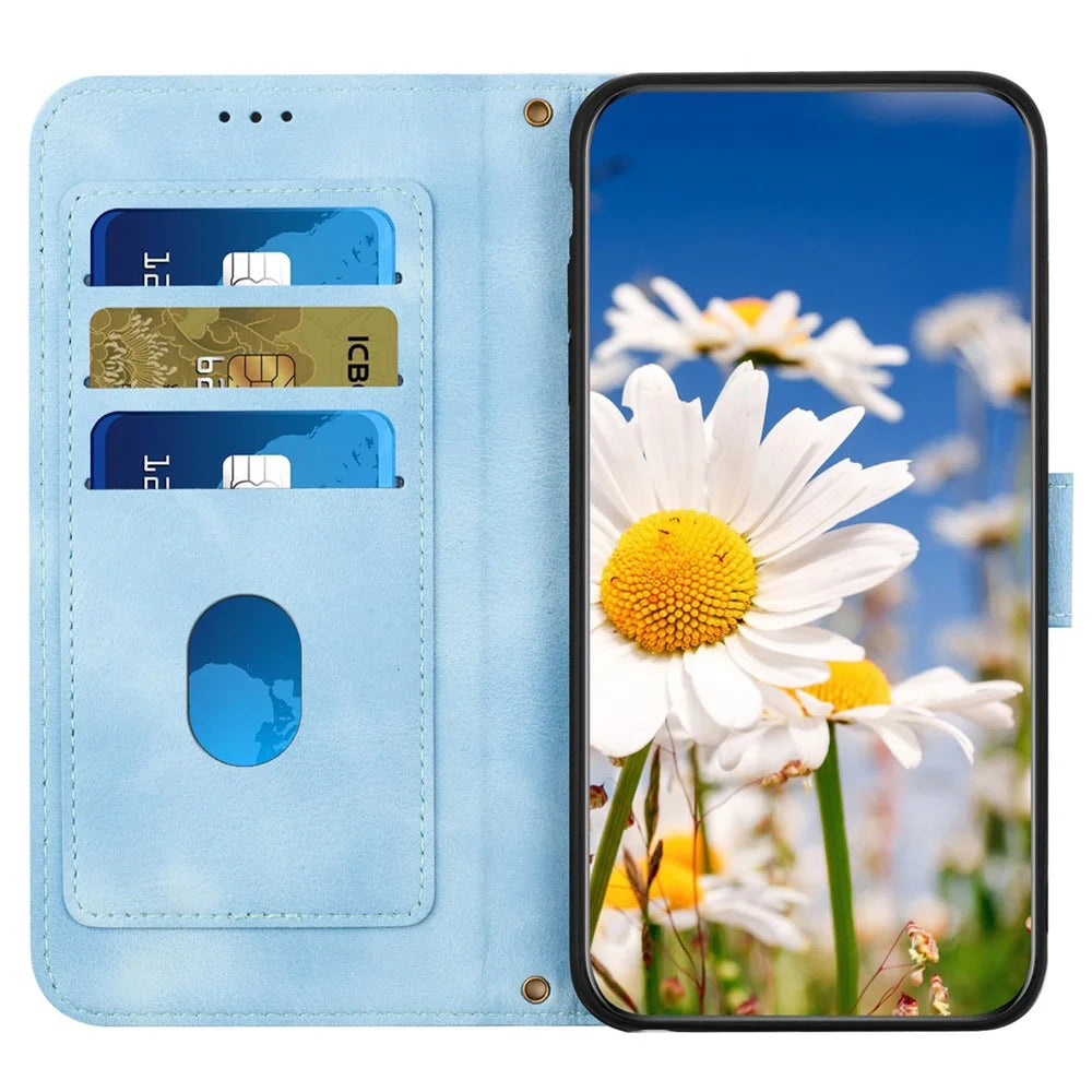 For Samsung Galaxy S24 Ultra Leather Case Flower Pattern Stand Phone Cover - Baby Blue - 3
