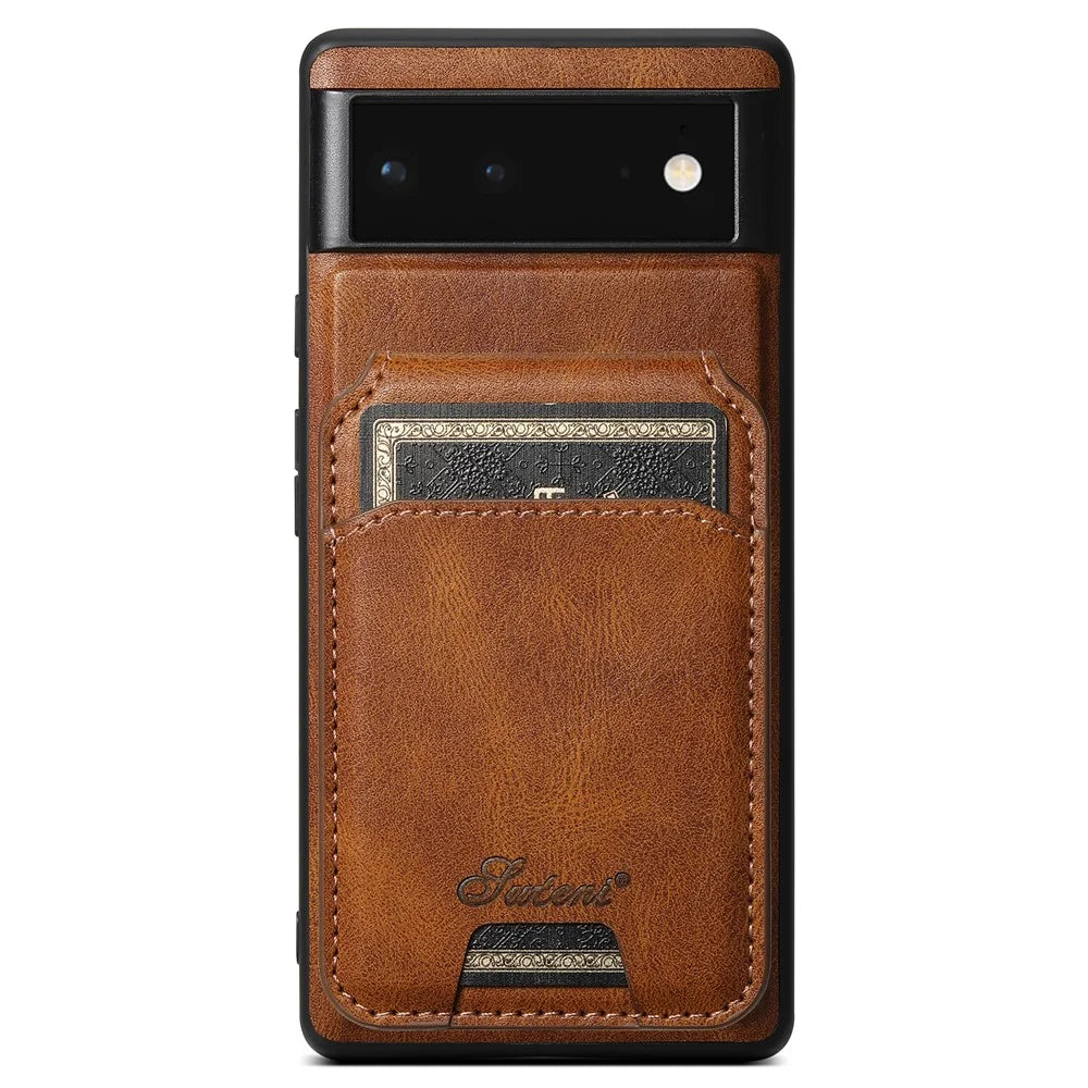 SUTENI H15 For Google Pixel 6 Magnetic Cover Detachable Card Holder Kickstand Phone Case - Brown - 1