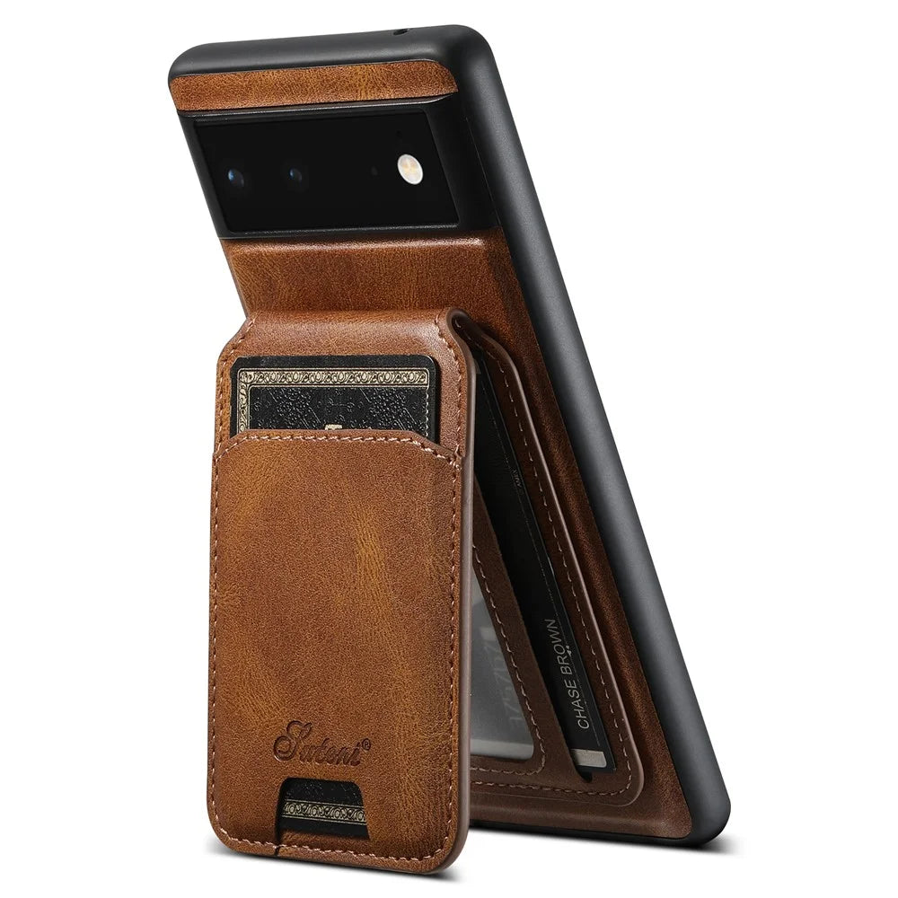 SUTENI H15 For Google Pixel 6 Magnetic Cover Detachable Card Holder Kickstand Phone Case - Brown - 2